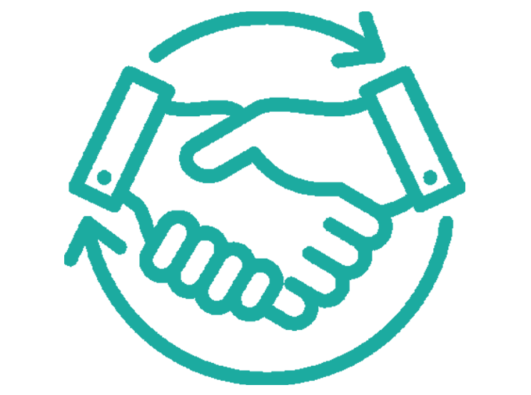 Handshake inside circular arrows representing barter partnerships