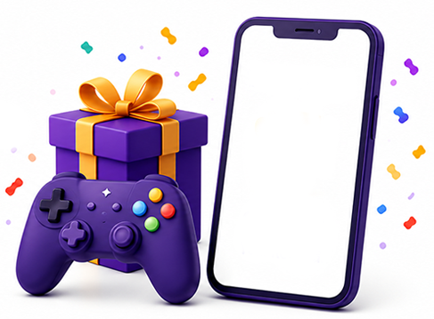 Gamified rewards: gift box, game controller, phone, and confetti on white.